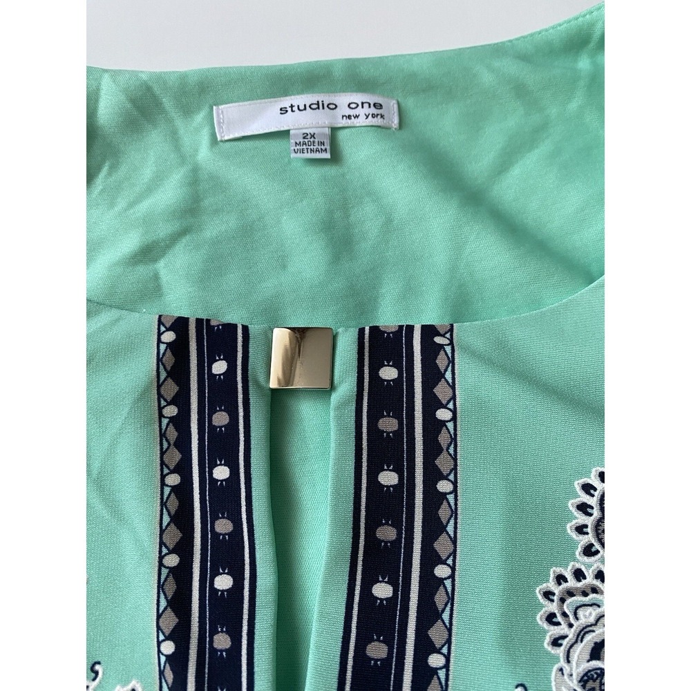 Paisley Size2X Dress Aqua Blue‎ Black White Career Studio One New York NWT Comfy - Picture 3 of 10